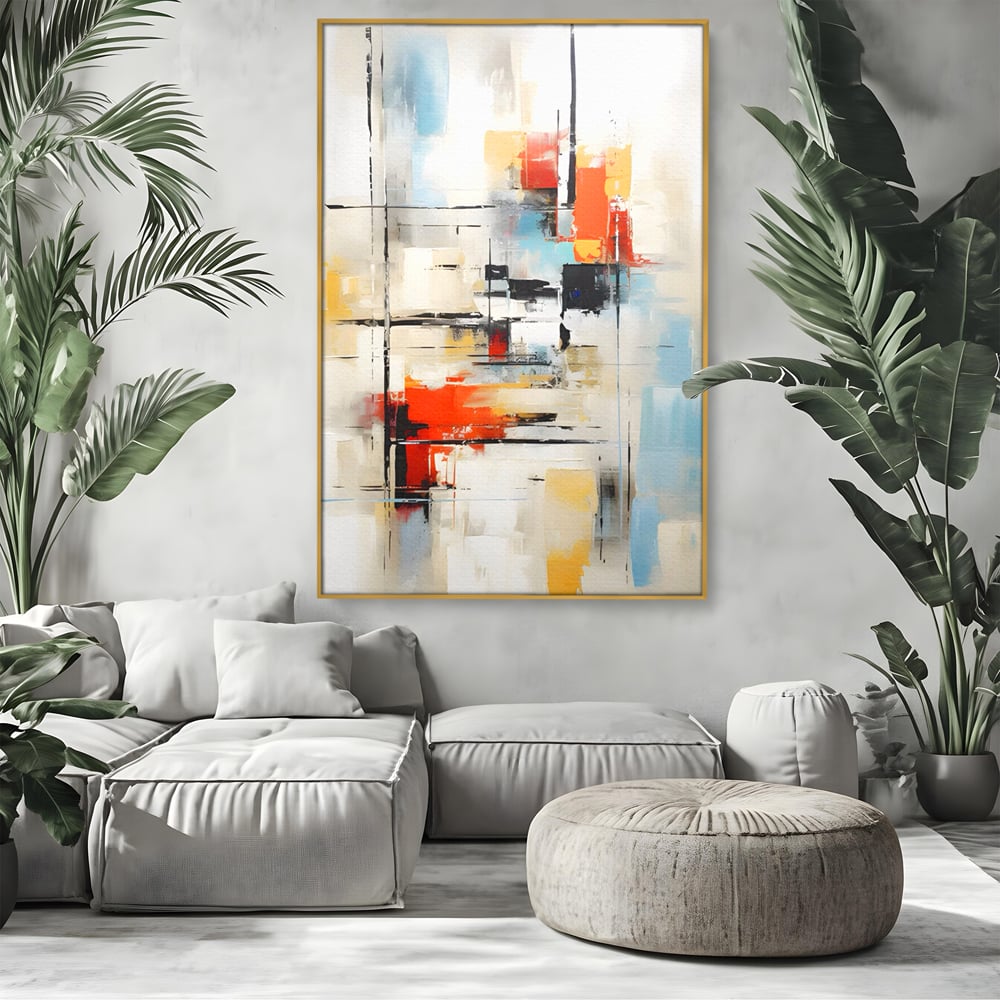 Tablou canvas cu pictura abstracta cu linii si pete, in rama de aluminiu auriu, pe perete intr-un living